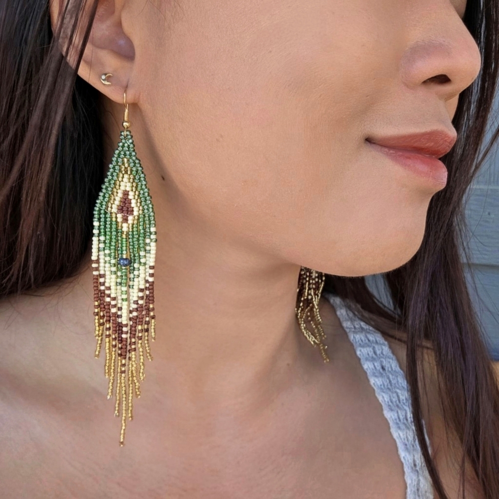 Handmade Vida Fringe Boho Beaded Earrings Bohemian Jewelry Retro Y2K Green